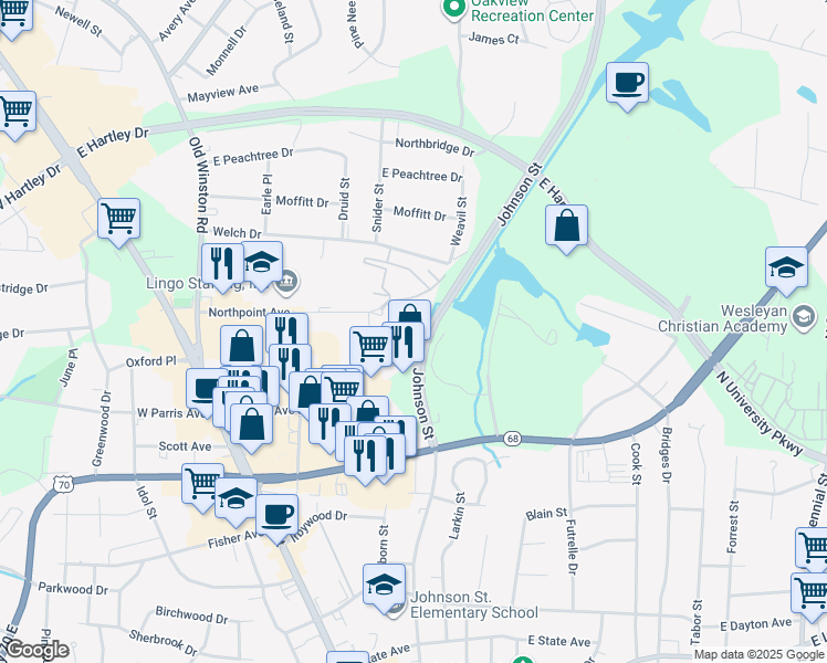 map of restaurants, bars, coffee shops, grocery stores, and more near 244 Northpoint Avenue in High Point