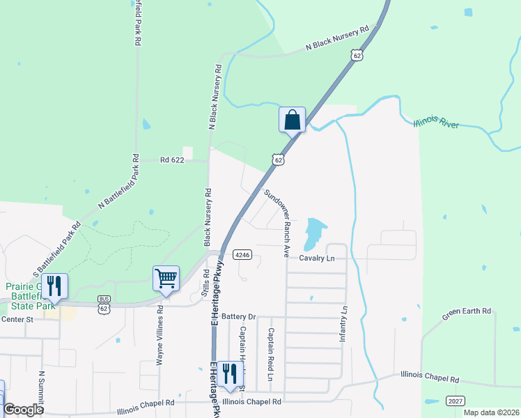map of restaurants, bars, coffee shops, grocery stores, and more near Division Street in Prairie Grove