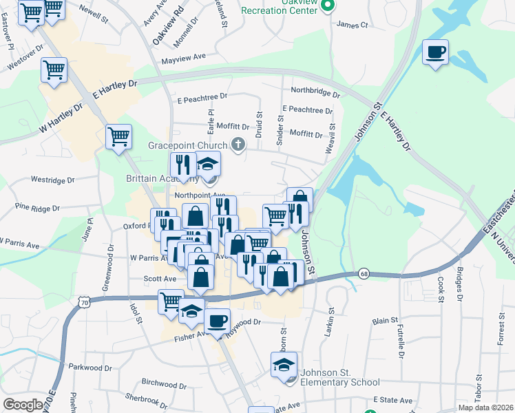 map of restaurants, bars, coffee shops, grocery stores, and more near 222 Northpoint Avenue in High Point
