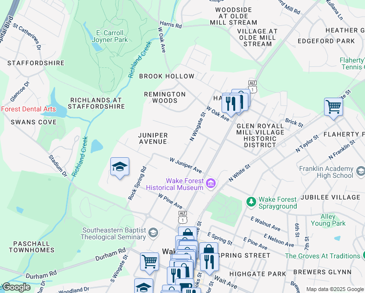 map of restaurants, bars, coffee shops, grocery stores, and more near 531 North Wingate Street in Wake Forest