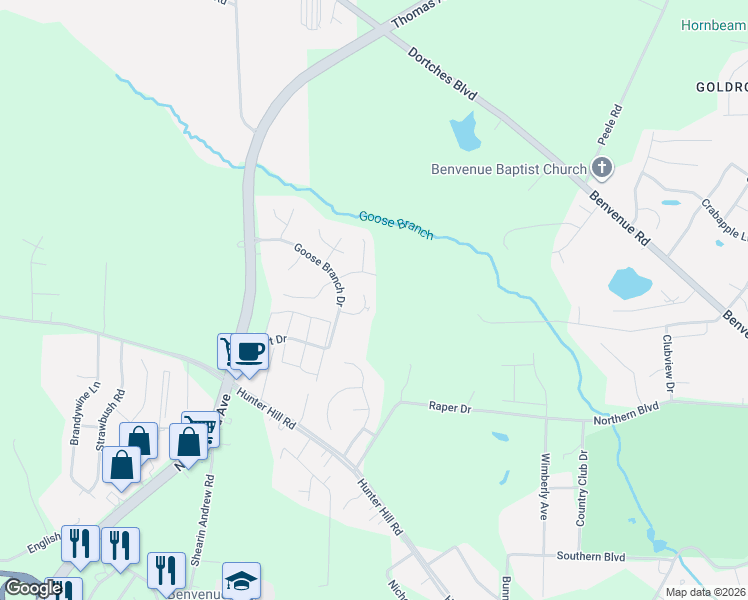 map of restaurants, bars, coffee shops, grocery stores, and more near 171 Loch Court in Rocky Mount