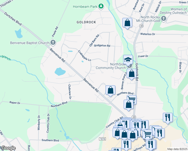 map of restaurants, bars, coffee shops, grocery stores, and more near 108 Willow Oaks Court in Rocky Mount