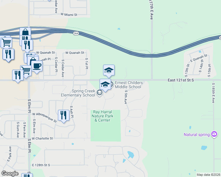 map of restaurants, bars, coffee shops, grocery stores, and more near 301 East Tucson Street in Broken Arrow