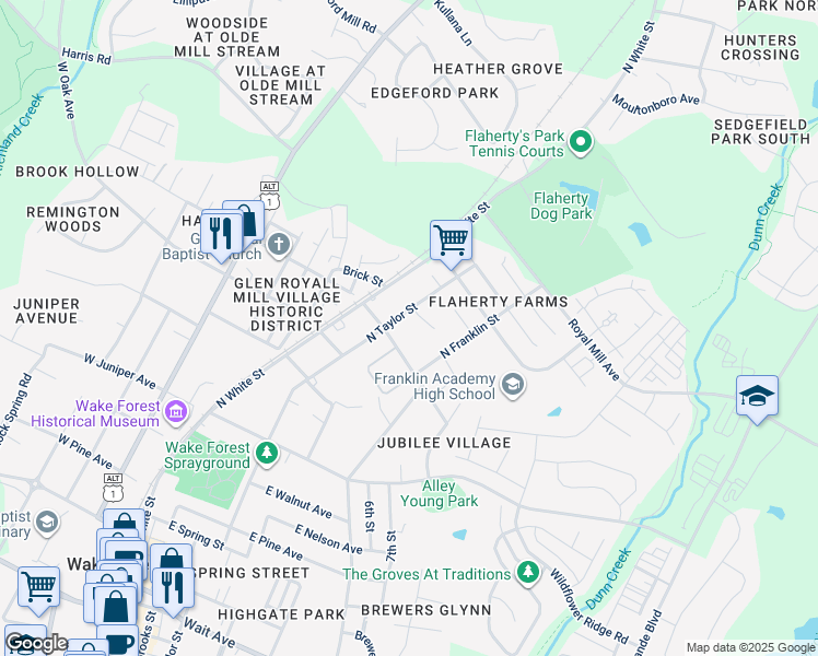 map of restaurants, bars, coffee shops, grocery stores, and more near 818 North Taylor Street in Wake Forest