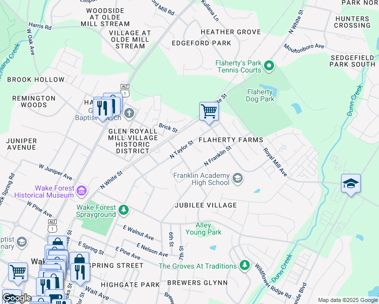 map of restaurants, bars, coffee shops, grocery stores, and more near 818 North Taylor Street in Wake Forest