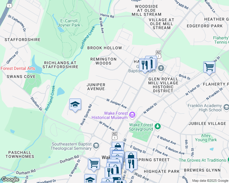 map of restaurants, bars, coffee shops, grocery stores, and more near 531 North Wingate Street in Wake Forest