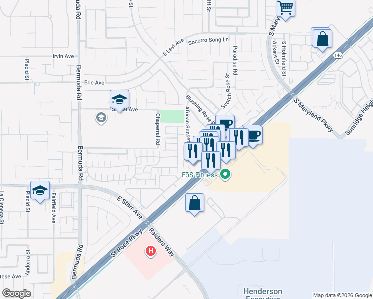 map of restaurants, bars, coffee shops, grocery stores, and more near 11143 African Sunset Street in Henderson