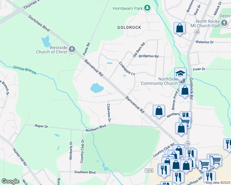 map of restaurants, bars, coffee shops, grocery stores, and more near 2236-2256 Highway 43 in Rocky Mount