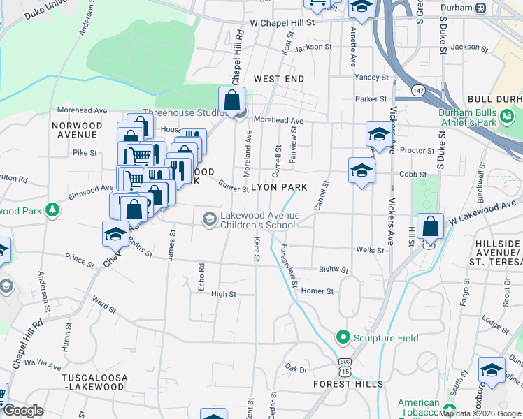 map of restaurants, bars, coffee shops, grocery stores, and more near in Durham