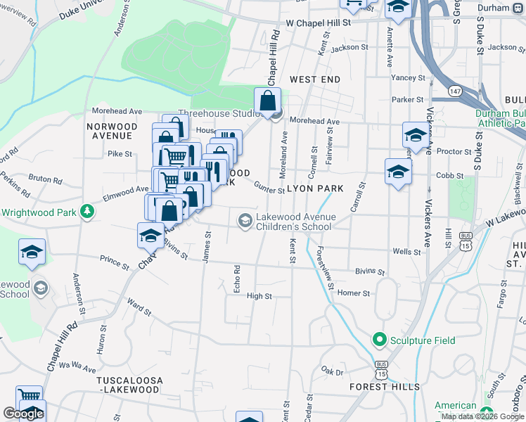 map of restaurants, bars, coffee shops, grocery stores, and more near 1206 Rosedale Avenue in Durham