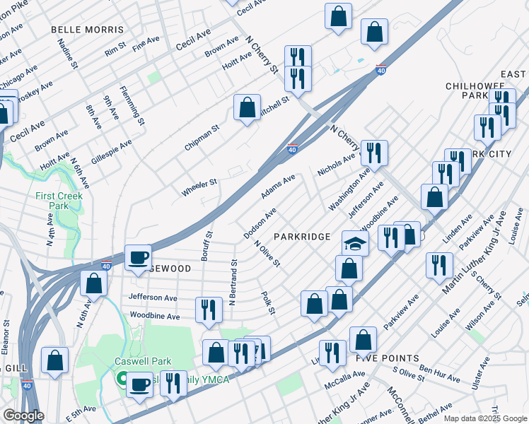 map of restaurants, bars, coffee shops, grocery stores, and more near 2400 Adams Avenue in Knoxville