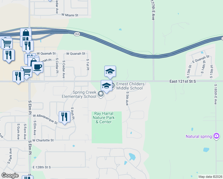 map of restaurants, bars, coffee shops, grocery stores, and more near 17001-17209 East 121st St S in Broken Arrow
