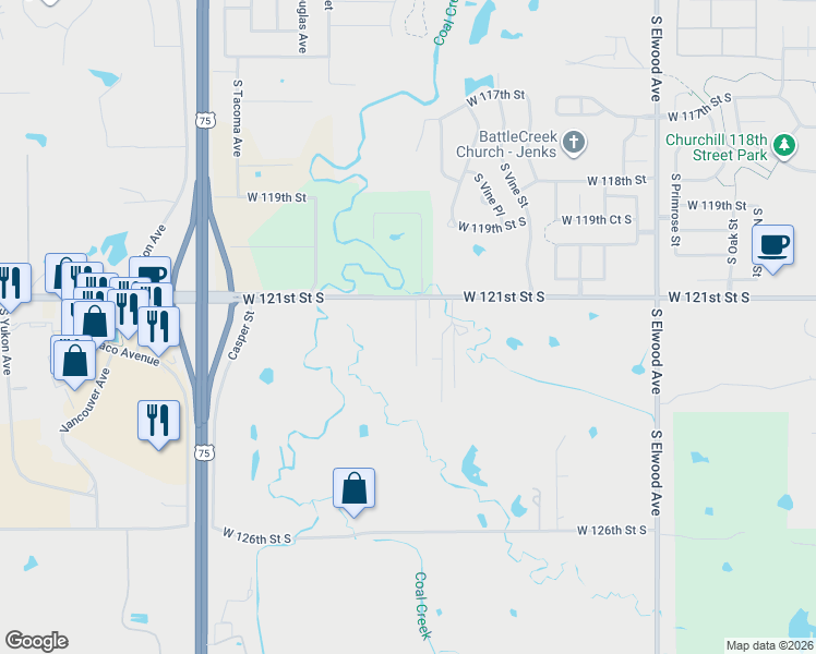 map of restaurants, bars, coffee shops, grocery stores, and more near 930 West 121st Street South in Jenks