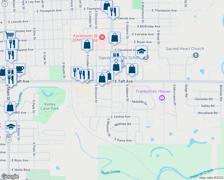 map of restaurants, bars, coffee shops, grocery stores, and more near 1040 East Taft Avenue in Sapulpa