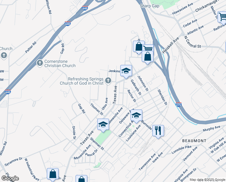 map of restaurants, bars, coffee shops, grocery stores, and more near 1129 Texas Avenue in Knoxville