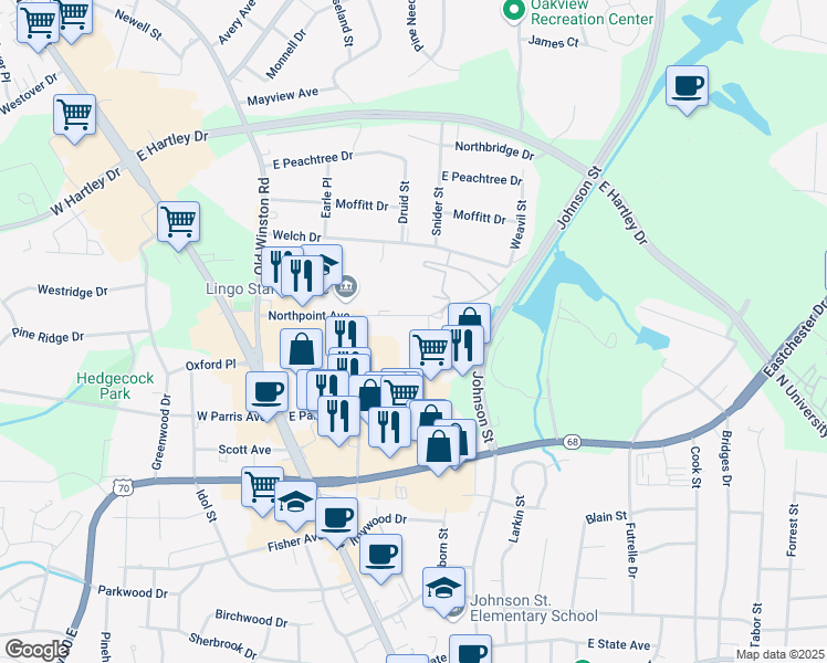 map of restaurants, bars, coffee shops, grocery stores, and more near 228 Northpoint Avenue in High Point