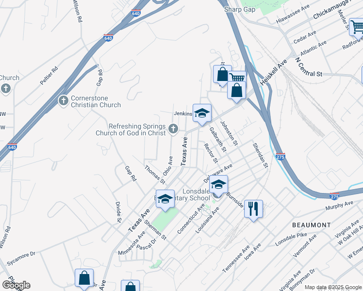 map of restaurants, bars, coffee shops, grocery stores, and more near 1129 Texas Avenue in Knoxville