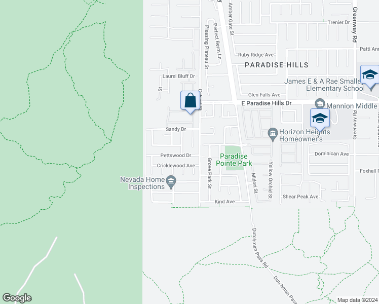 map of restaurants, bars, coffee shops, grocery stores, and more near 92 Pettswood Drive in Henderson