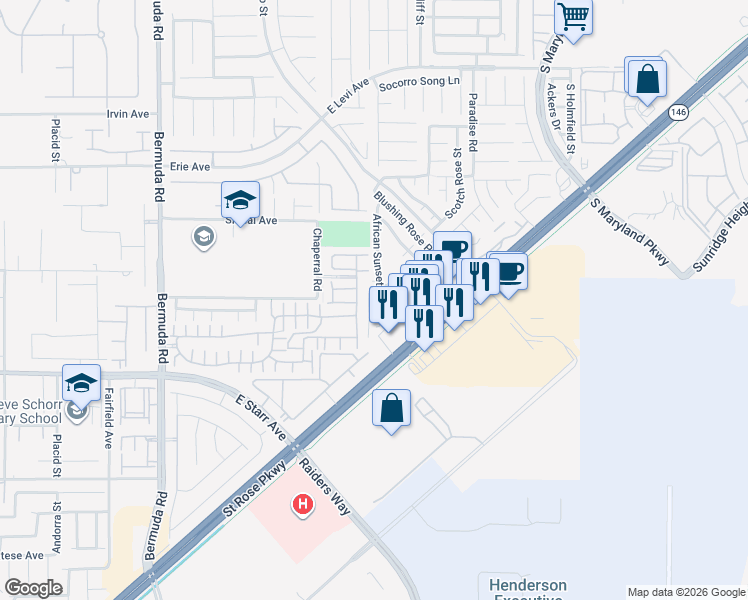 map of restaurants, bars, coffee shops, grocery stores, and more near 11143 African Sunset Street in Henderson