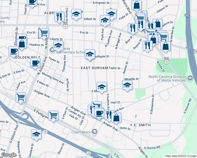 map of restaurants, bars, coffee shops, grocery stores, and more near 208 North Driver Street in Durham