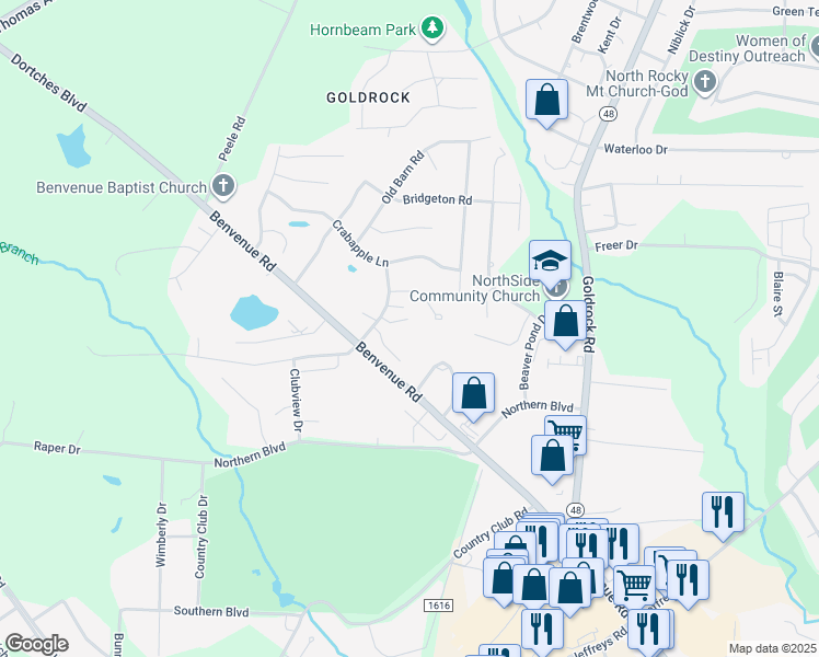 map of restaurants, bars, coffee shops, grocery stores, and more near 108 Willow Oaks Court in Rocky Mount