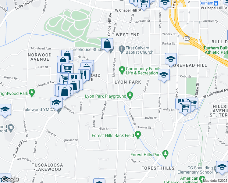 map of restaurants, bars, coffee shops, grocery stores, and more near 1215 Moreland Avenue in Durham