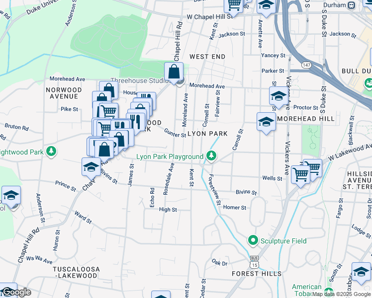 map of restaurants, bars, coffee shops, grocery stores, and more near 1215 Moreland Avenue in Durham