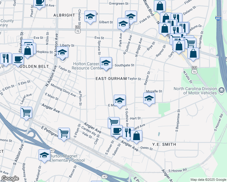 map of restaurants, bars, coffee shops, grocery stores, and more near 208 North Driver Street in Durham
