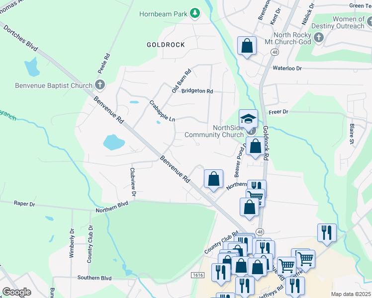 map of restaurants, bars, coffee shops, grocery stores, and more near 125 Willow Oaks Court in Rocky Mount