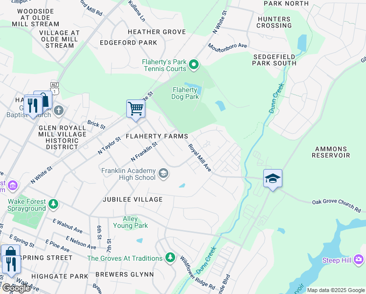 map of restaurants, bars, coffee shops, grocery stores, and more near 621 Rookwood Court in Wake Forest