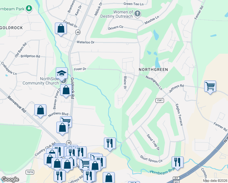 map of restaurants, bars, coffee shops, grocery stores, and more near 160 Shamrock Court in Rocky Mount