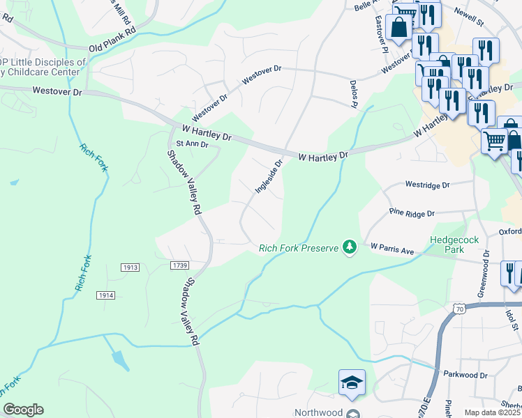 map of restaurants, bars, coffee shops, grocery stores, and more near 2520 Ingleside Drive in High Point