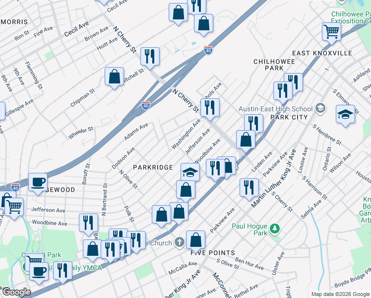 map of restaurants, bars, coffee shops, grocery stores, and more near 2504 Washington Avenue in Knoxville