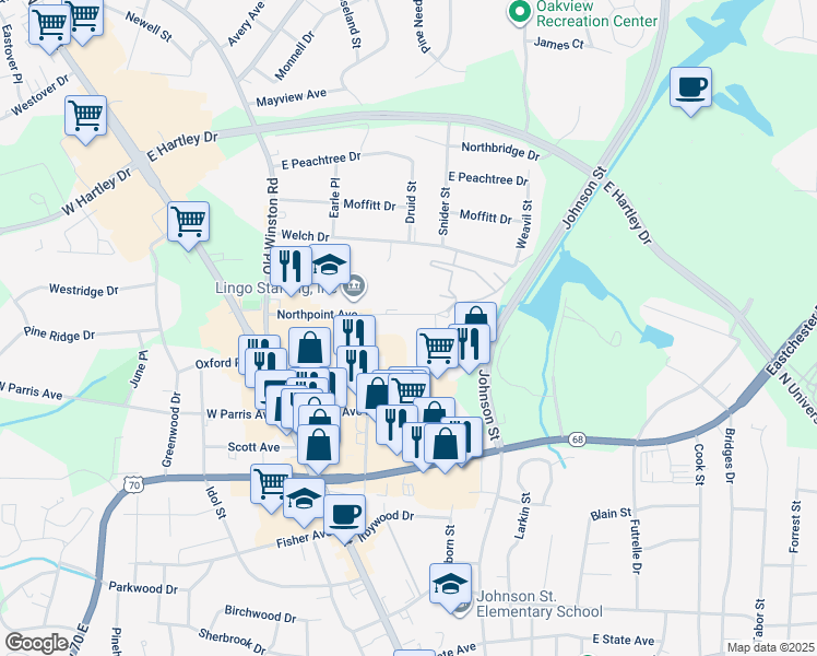map of restaurants, bars, coffee shops, grocery stores, and more near 220 Northpoint Avenue in High Point