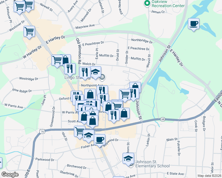map of restaurants, bars, coffee shops, grocery stores, and more near 208 Northpoint Avenue in High Point