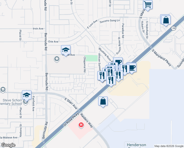 map of restaurants, bars, coffee shops, grocery stores, and more near 1101 Via Fratelli in Henderson