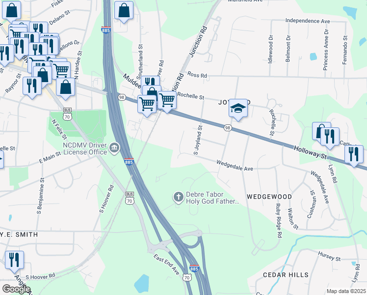map of restaurants, bars, coffee shops, grocery stores, and more near 7 Elissa Court in Durham