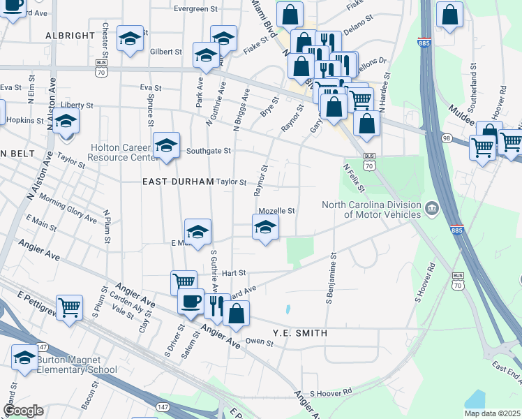 map of restaurants, bars, coffee shops, grocery stores, and more near 310 Raynor Street in Durham