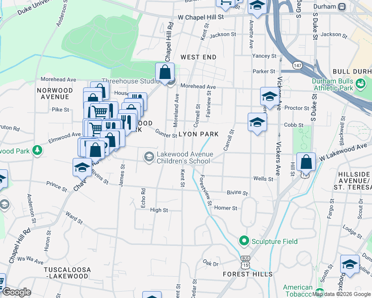 map of restaurants, bars, coffee shops, grocery stores, and more near in Durham