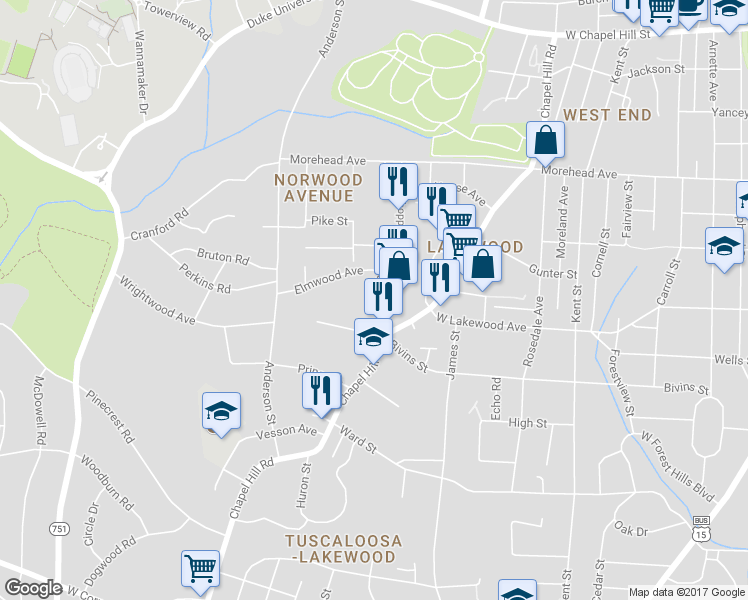 map of restaurants, bars, coffee shops, grocery stores, and more near 2006 Jersey Avenue in Durham