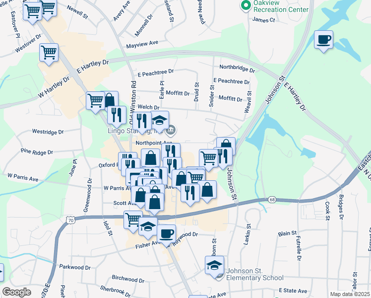 map of restaurants, bars, coffee shops, grocery stores, and more near 208 Northpoint Avenue in High Point