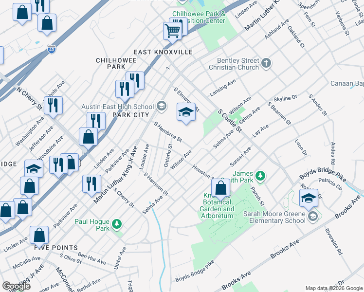 map of restaurants, bars, coffee shops, grocery stores, and more near 409 South Hembree Street in Knoxville