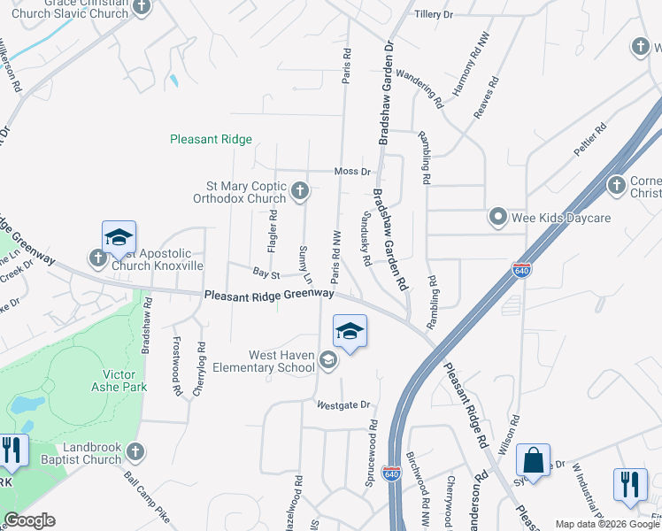 map of restaurants, bars, coffee shops, grocery stores, and more near 2110 Paris Road in Knoxville