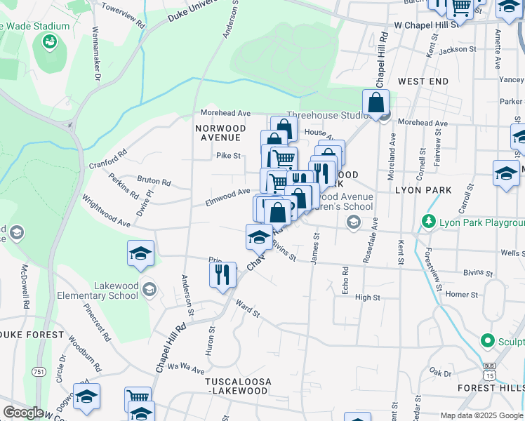 map of restaurants, bars, coffee shops, grocery stores, and more near 2016 Jersey Avenue in Durham