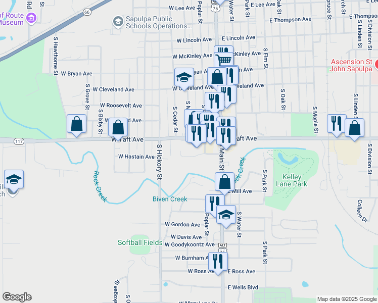 map of restaurants, bars, coffee shops, grocery stores, and more near 114 West Taft Avenue in Sapulpa
