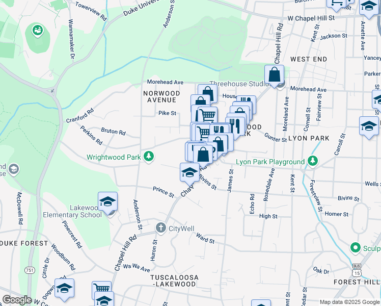map of restaurants, bars, coffee shops, grocery stores, and more near 2012 Jersey Avenue in Durham