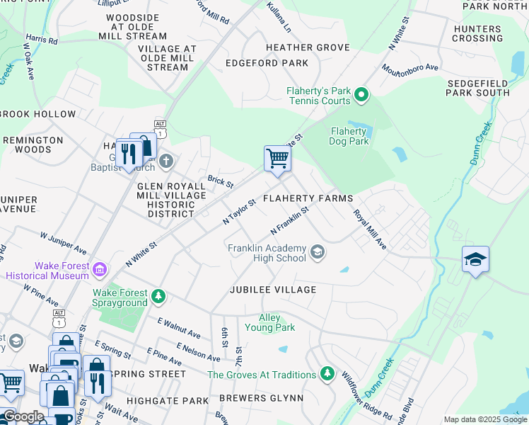 map of restaurants, bars, coffee shops, grocery stores, and more near 834 North Taylor Street in Wake Forest