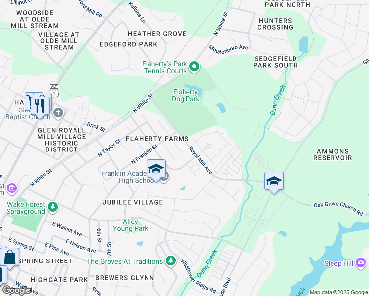 map of restaurants, bars, coffee shops, grocery stores, and more near 621 Rookwood Court in Wake Forest
