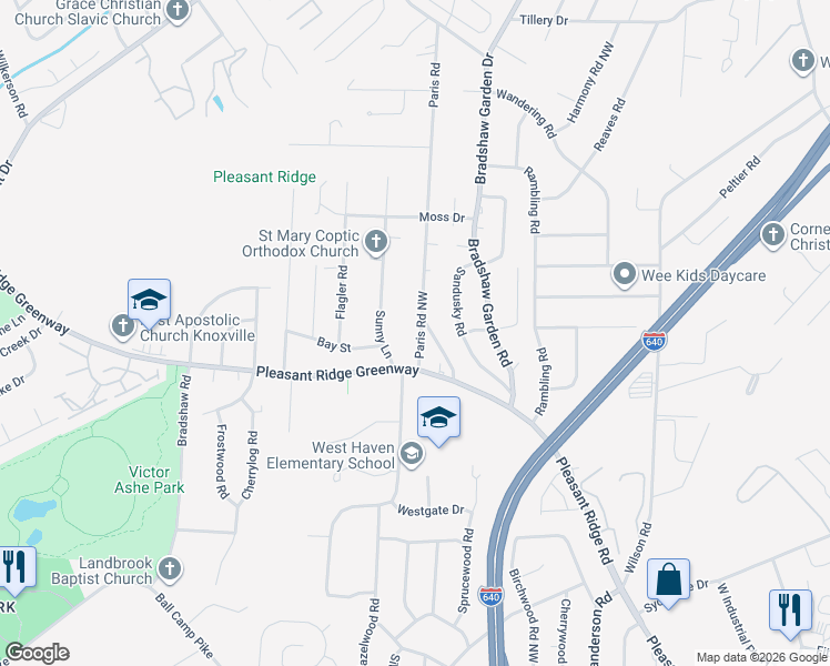map of restaurants, bars, coffee shops, grocery stores, and more near 2110 Paris Road in Knoxville