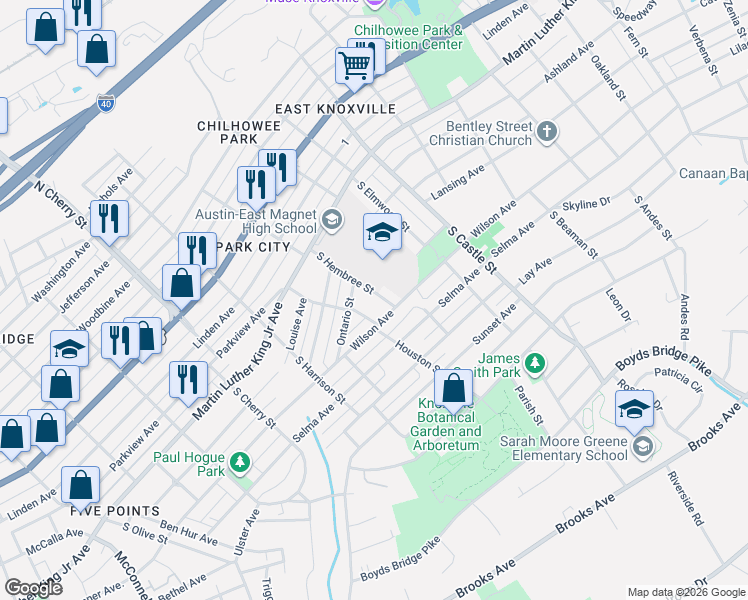 map of restaurants, bars, coffee shops, grocery stores, and more near 409 South Hembree Street in Knoxville